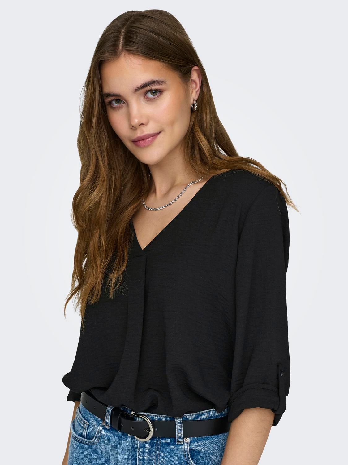 ONLY Loose Fit V-Neck Fold-up cuffs Volume sleeves Top -Black - 15226911