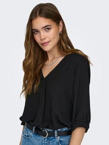 ONLY Loose Fit V-Neck Fold-up cuffs Volume sleeves Top -Black - 15226911