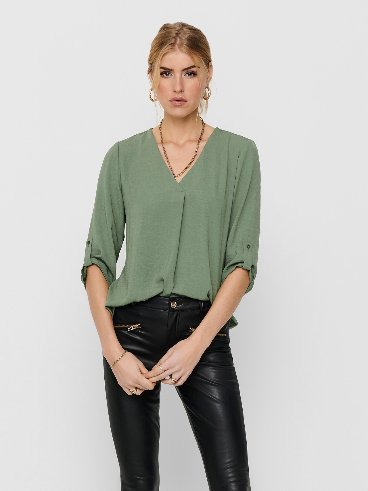 ONLY Loose Fit V-Neck Fold-up cuffs Volume sleeves Top -Sea Spray - 15226911