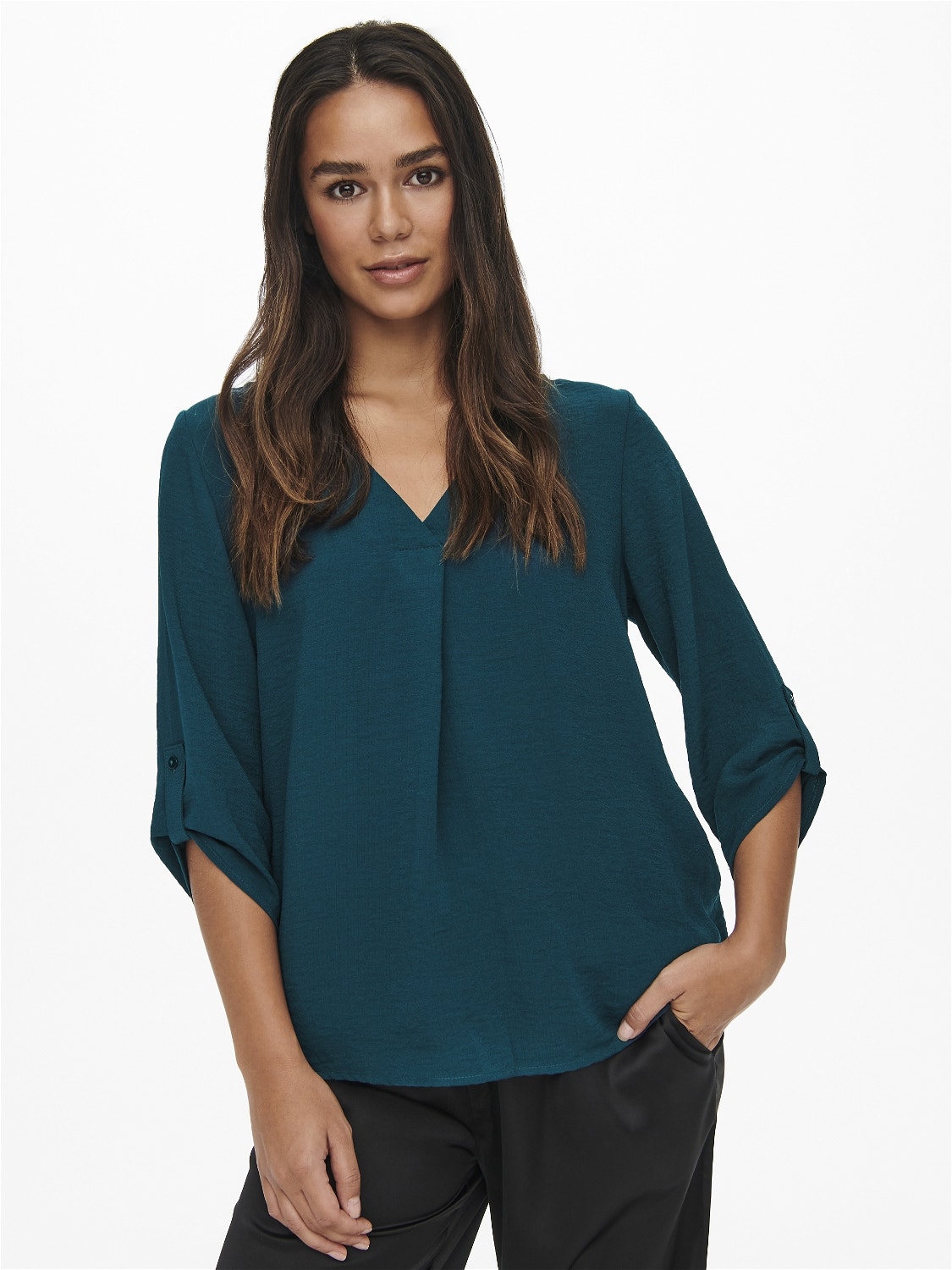 ONLY Loose Fit V-Neck Fold-up cuffs Volume sleeves Top -Reflecting Pond - 15226911