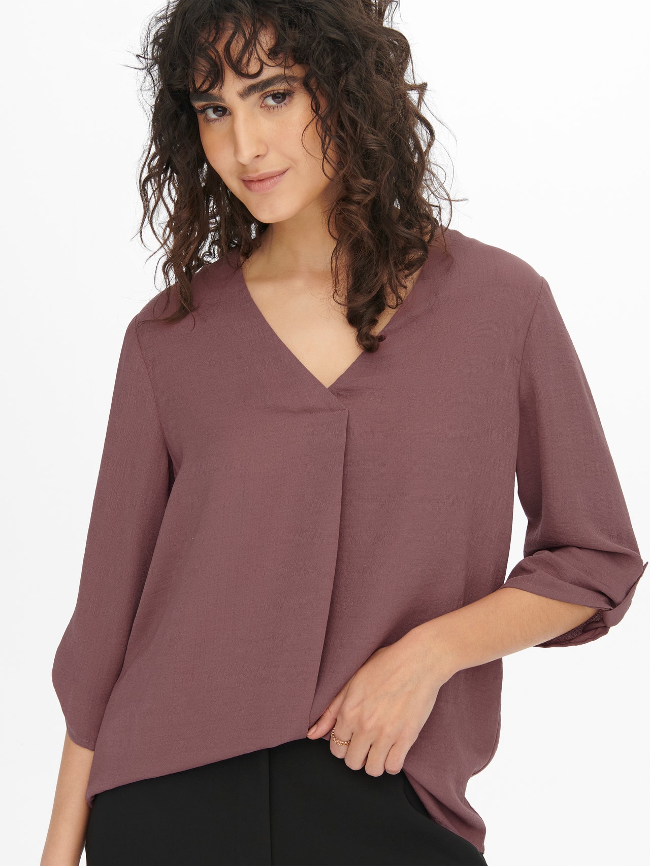 ONLY Tops Loose Fit Col en V Poignets repliés Manches volumineuses -Rose Brown - 15226911