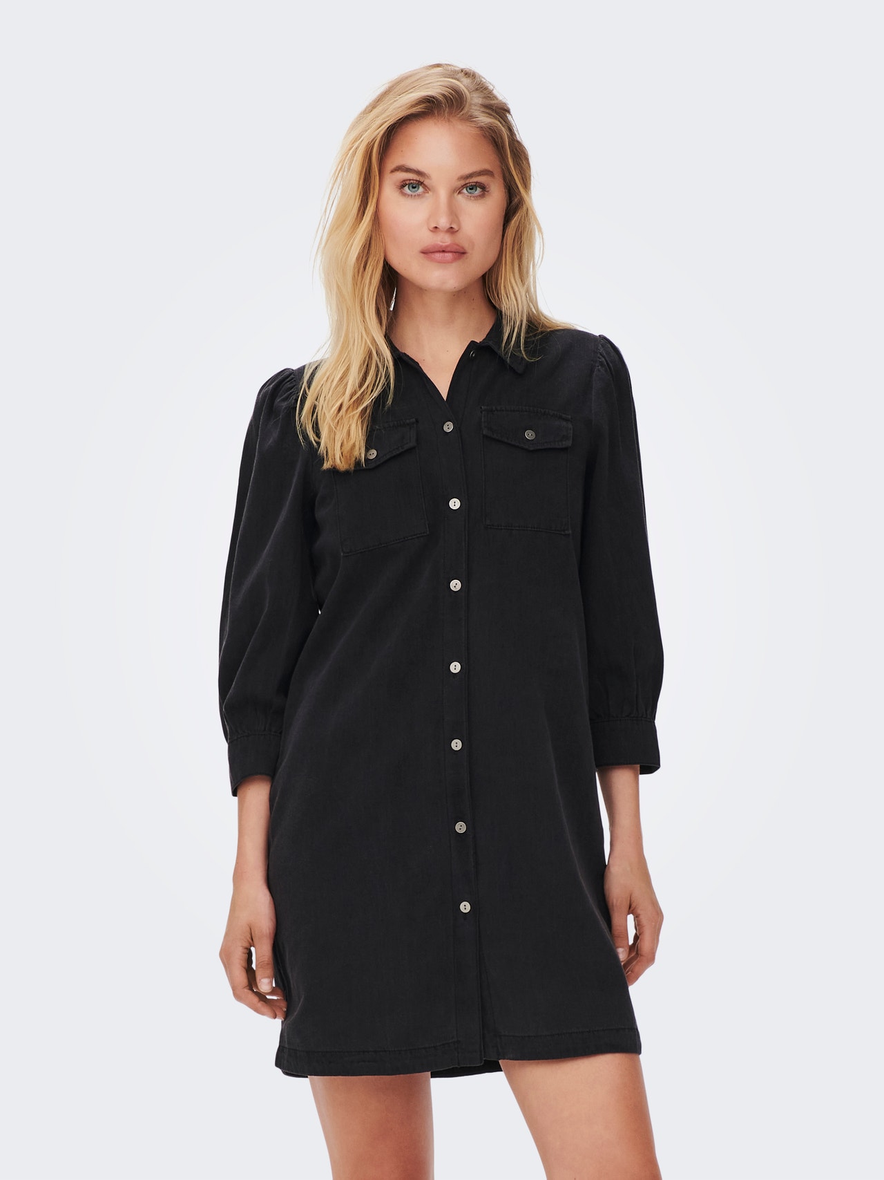 ONLY Relaxed fit Overhemd kraag Manchetten met knoop Pofmouwen Lange jurk -Washed Black - 15227104