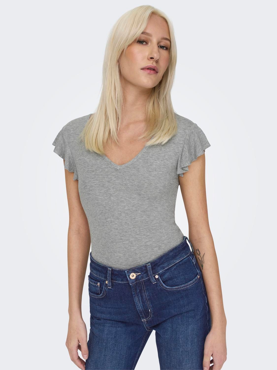 ONLY Slim fit top with short frill sleeves -Light Grey Melange - 15227187