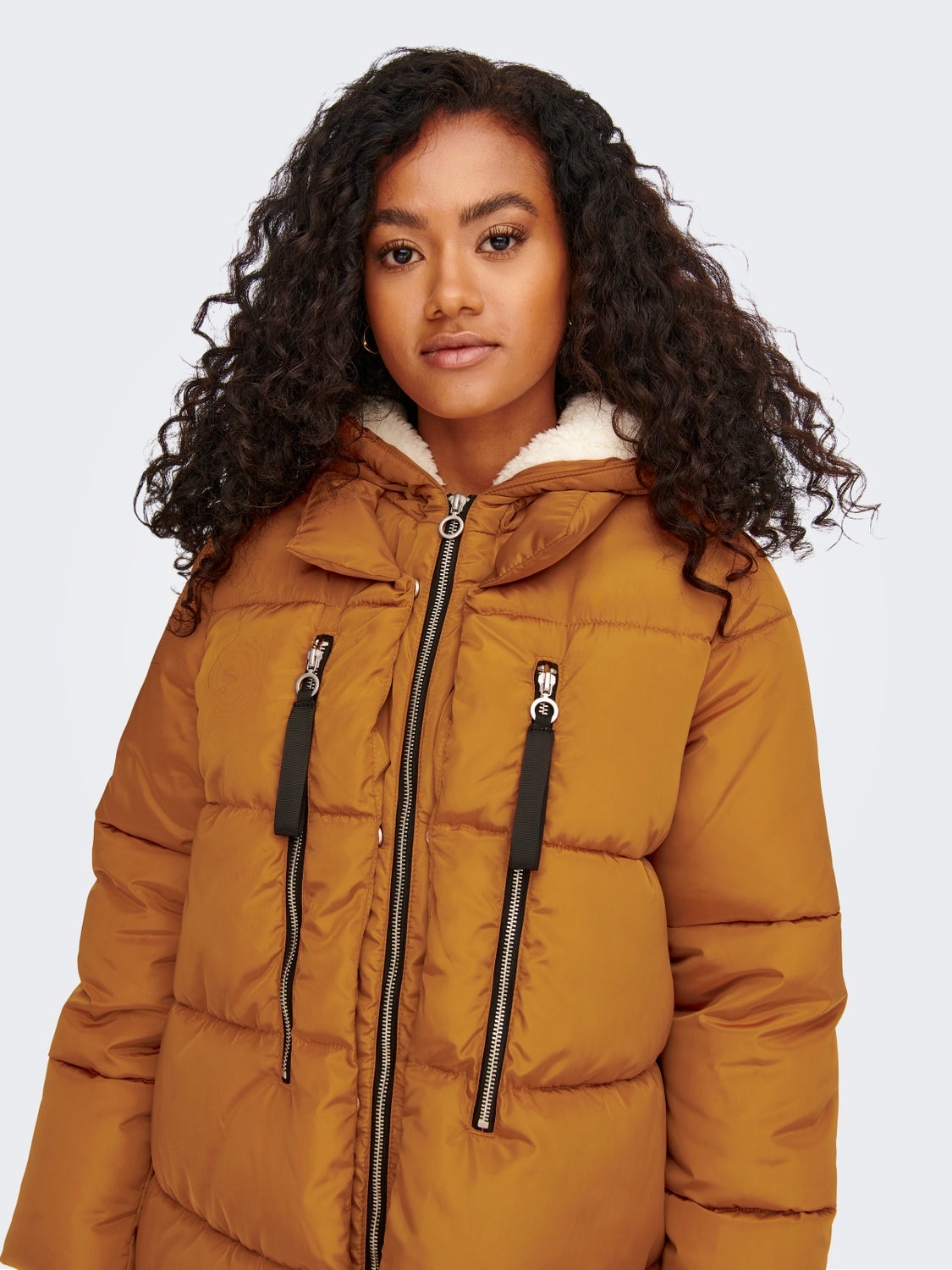 tan long puffer jacket