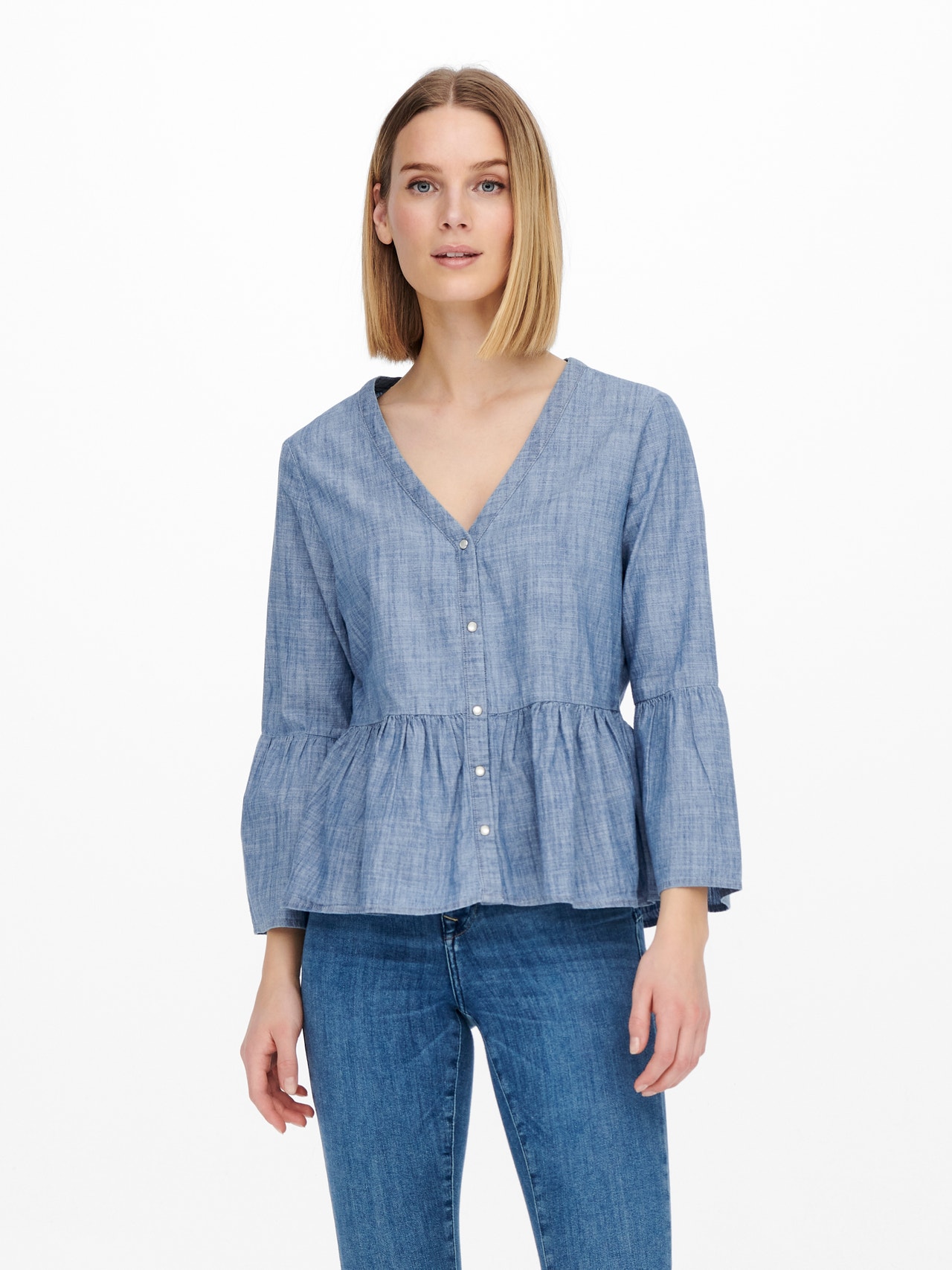 ONLY Peplum detailed Long sleeved blouse -Medium Blue Denim - 15231716