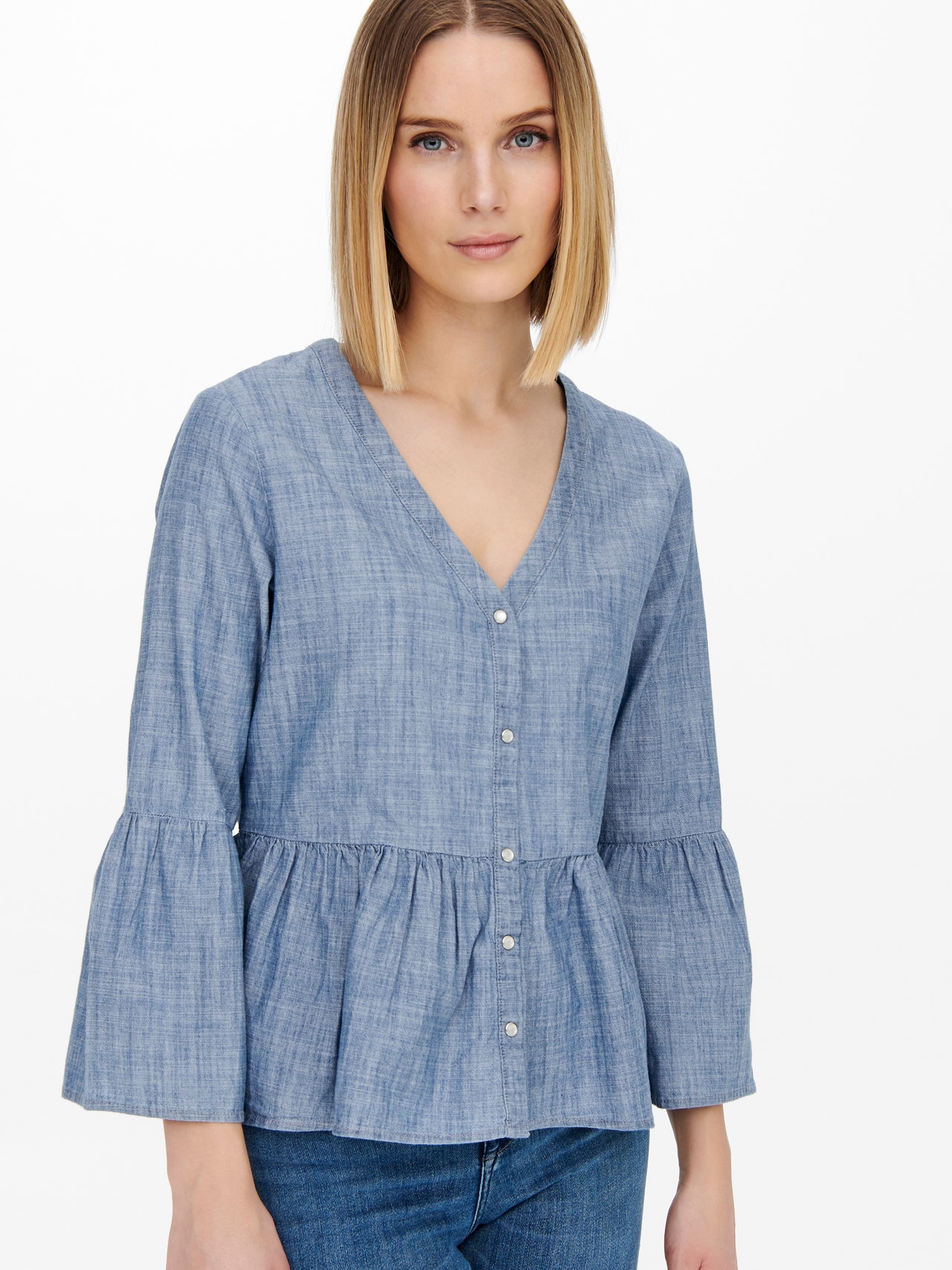 ONLY Peplum-detaljert Langermet bluse -Medium Blue Denim - 15231716