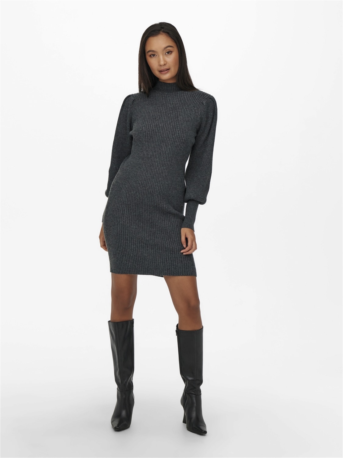 ONLY Mini knit dress with long sleeves -Dark Grey Melange - 15232502