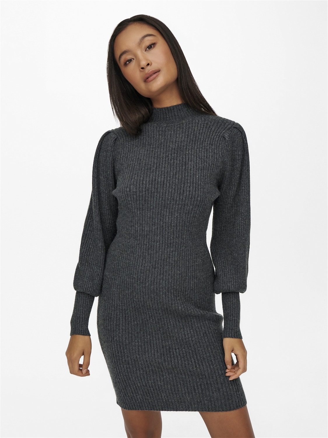 ONLY Comfort Fit High neck Puff sleeves Long dress -Dark Grey Melange - 15232502