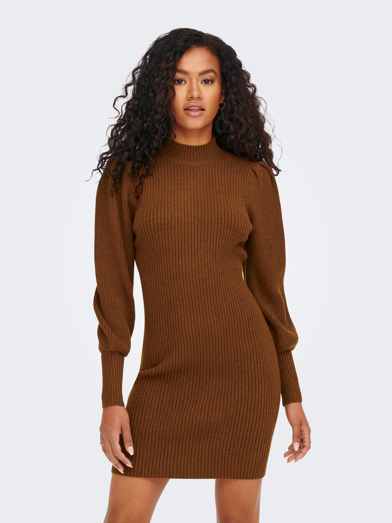 Puff-sleeve ribbed mock-neck dress, Only, Knit