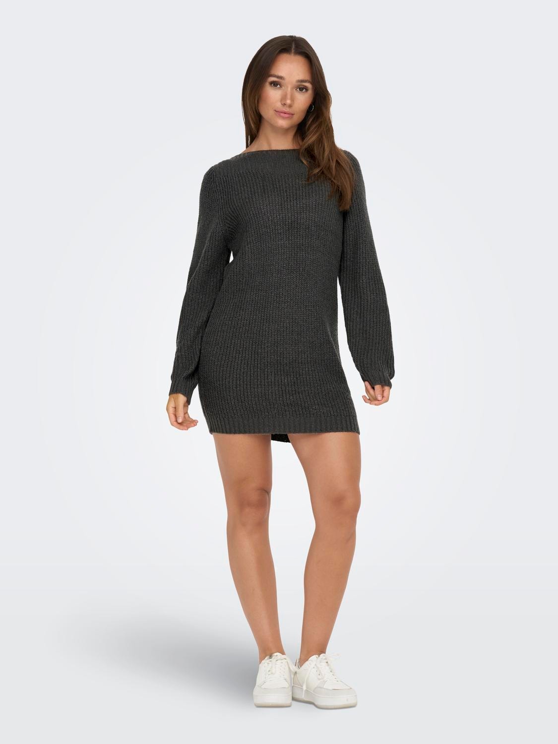 ONLY Relaxed Fit Boat neck Ribbed cuffs Short dress -Dark Grey Melange - 15234103