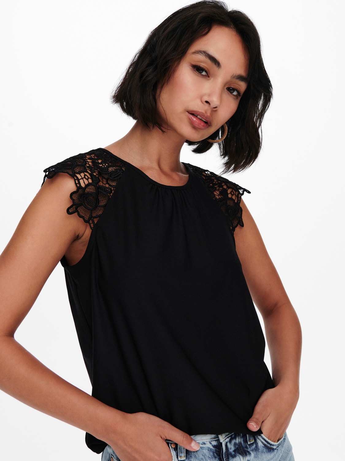 ONLY Lace detail Top -Black - 15234398