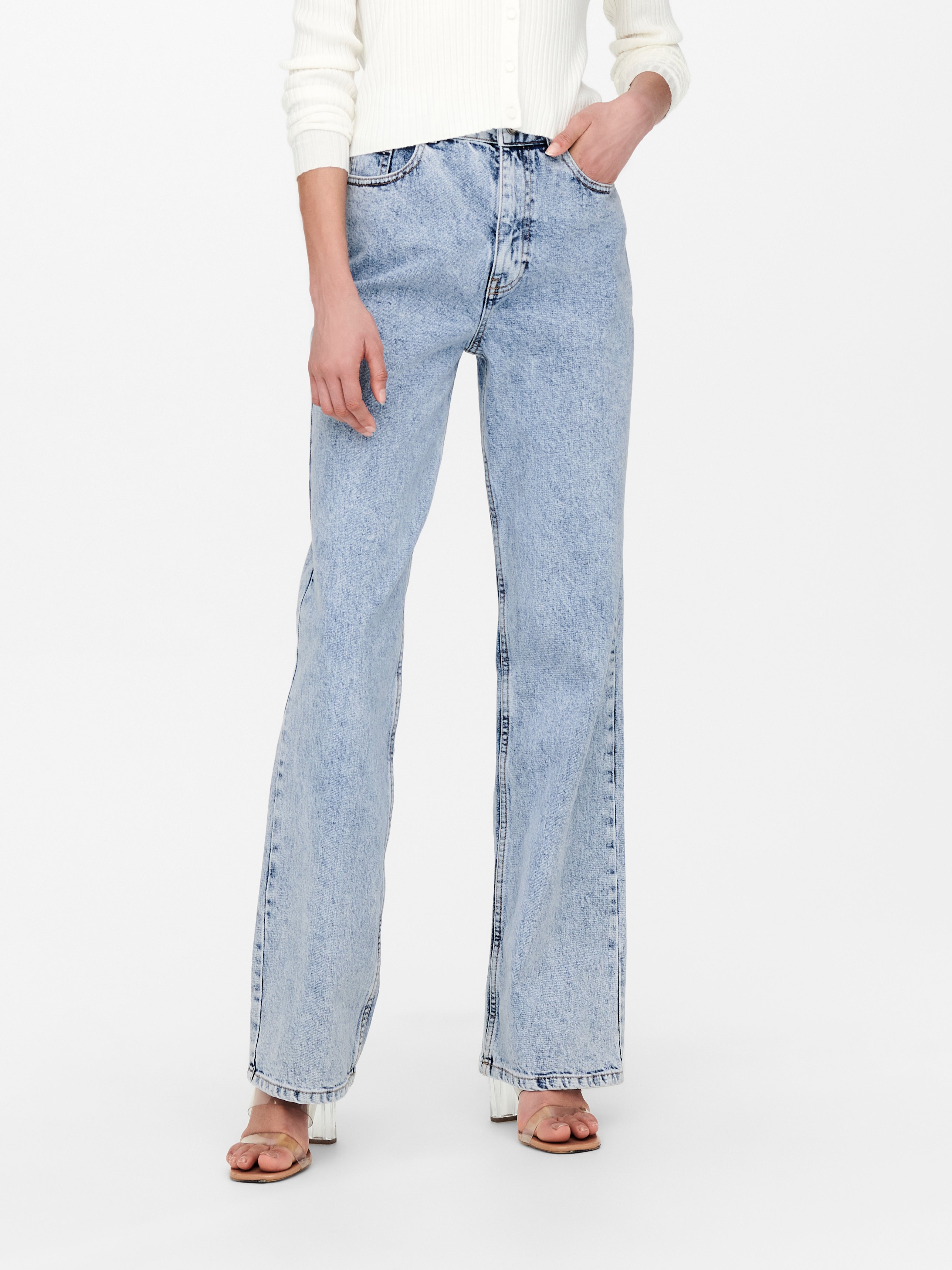 light blue high waisted flared jeans