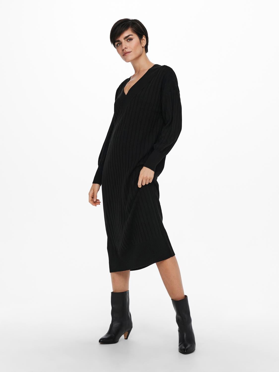 Midi V Neck Knitted Dress Black ONLY