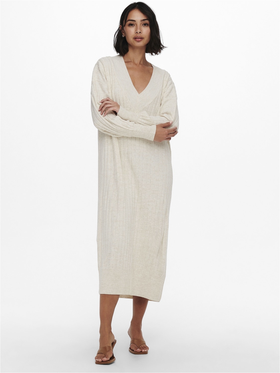ONLY Midi V-Neck Knitted Dress -Pumice Stone - 15236372