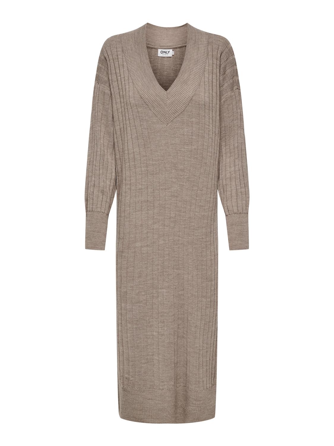 ONLY Midi V-Neck Knitted Dress -Beige - 15236372