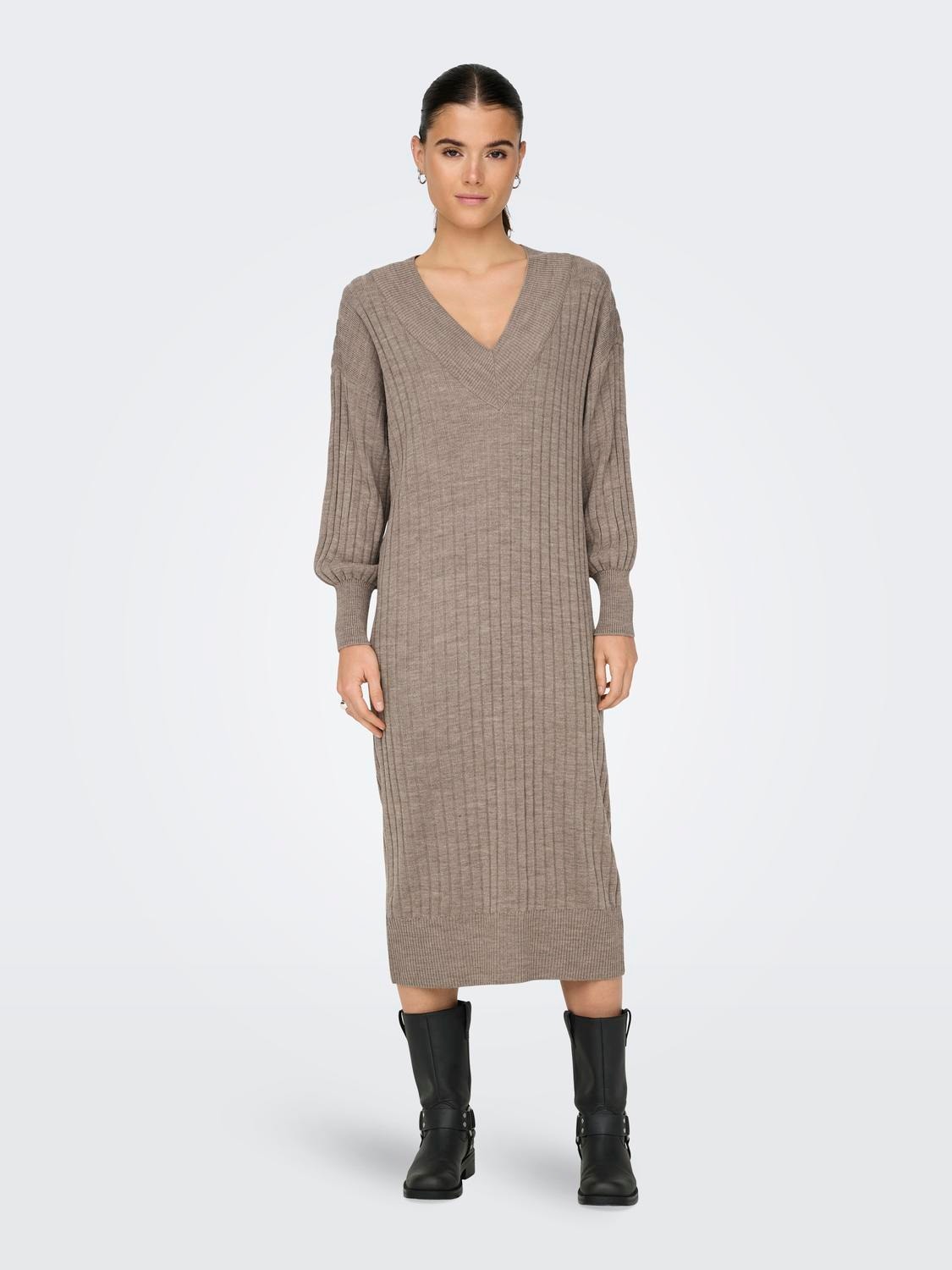 ONLY Midi V-Neck Knitted Dress -Beige - 15236372