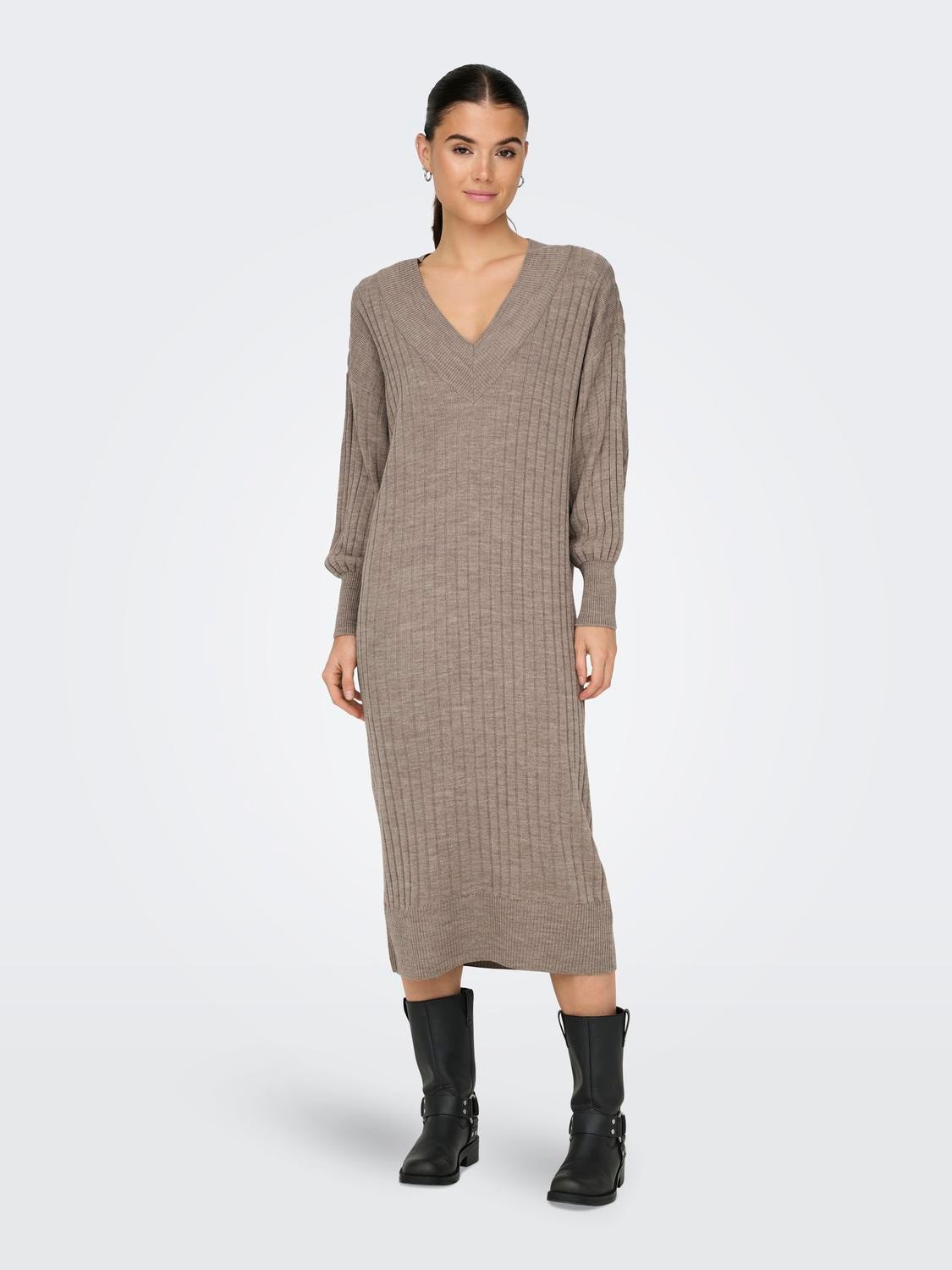 ONLY Midi V-Neck Knitted Dress -Beige - 15236372