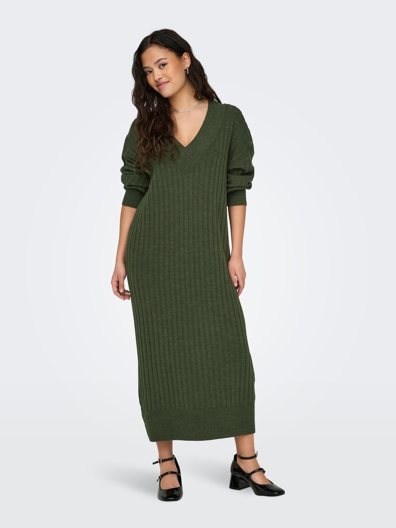 ONLY Midi V-Neck Knitted Dress -Kalamata - 15236372