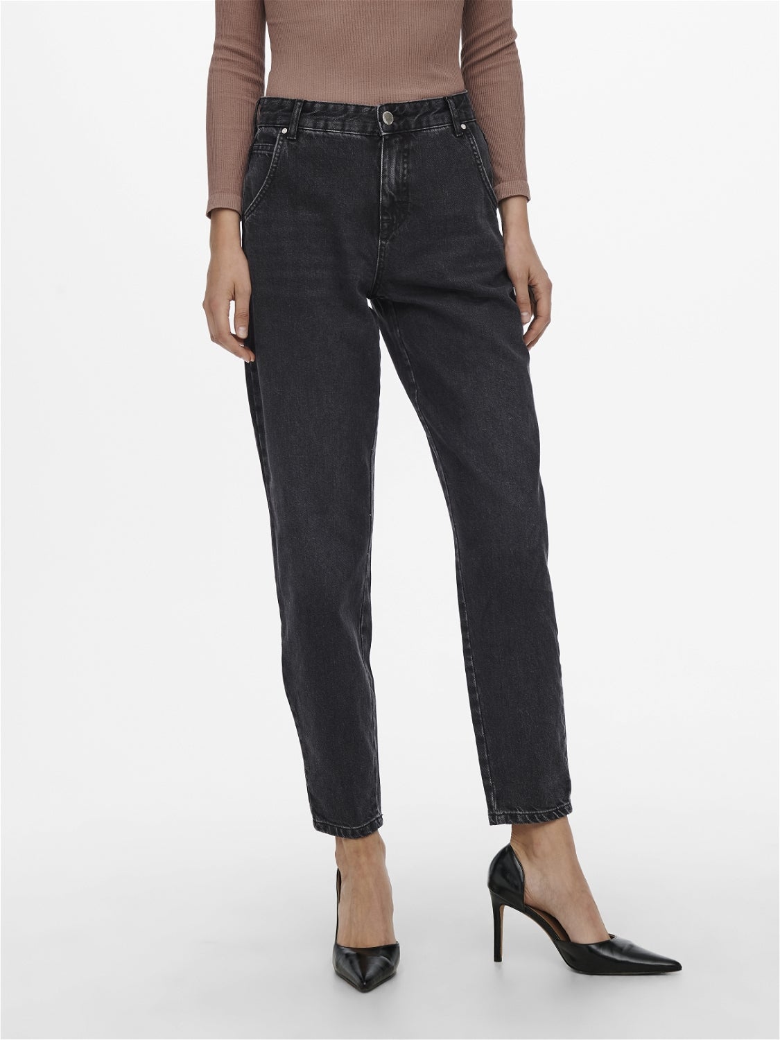 High waisted jeans store with black belt