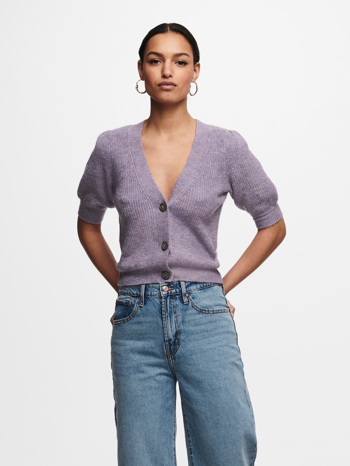 ONLY V-Neck Puff sleeves Knit Cardigan -Lavender Gray - 15238249
