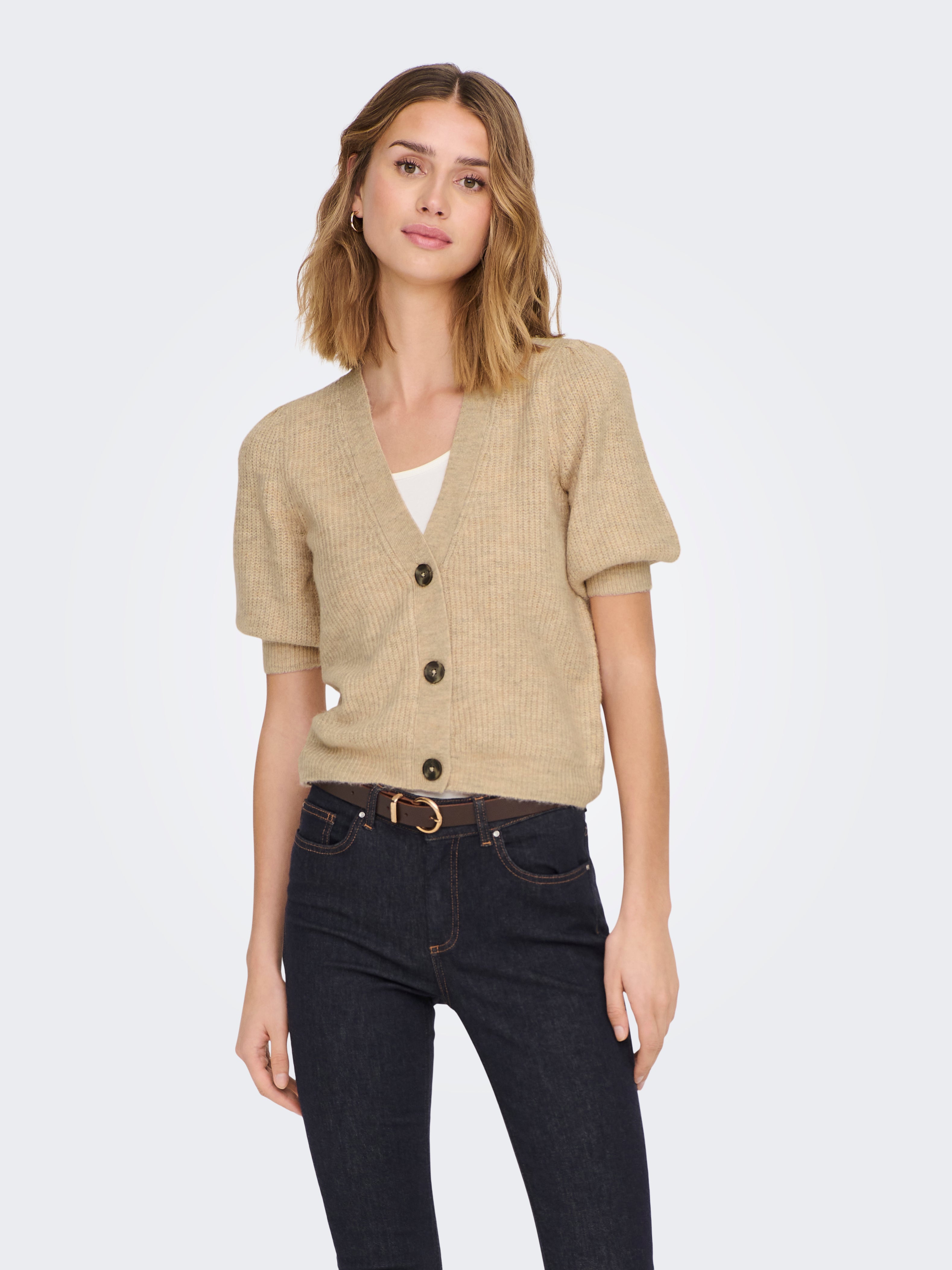 V-Neck Puff sleeves Knit Cardigan | Beige | ONLY®