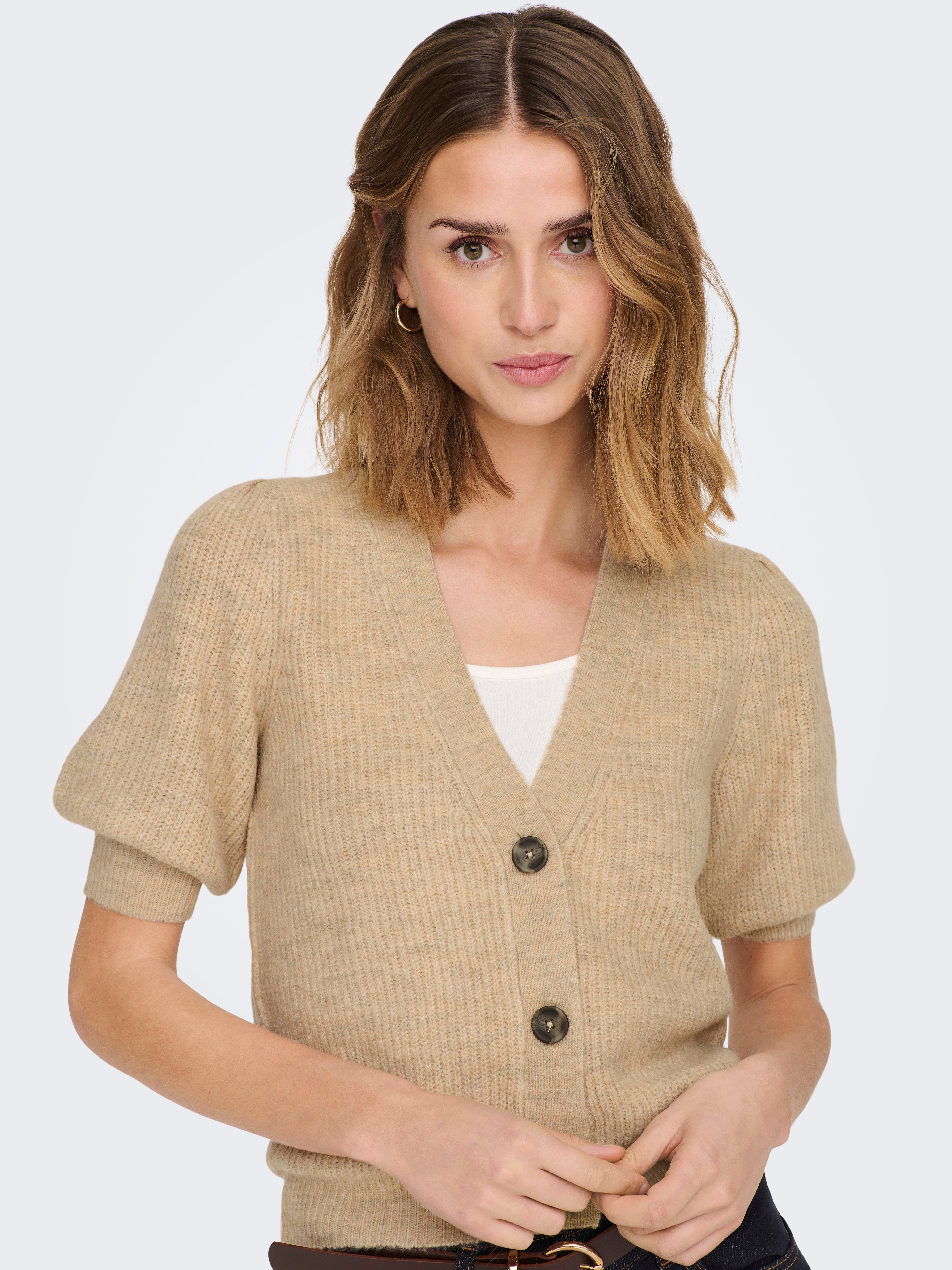 V-Neck Puff sleeves Knit Cardigan | Beige | ONLY®