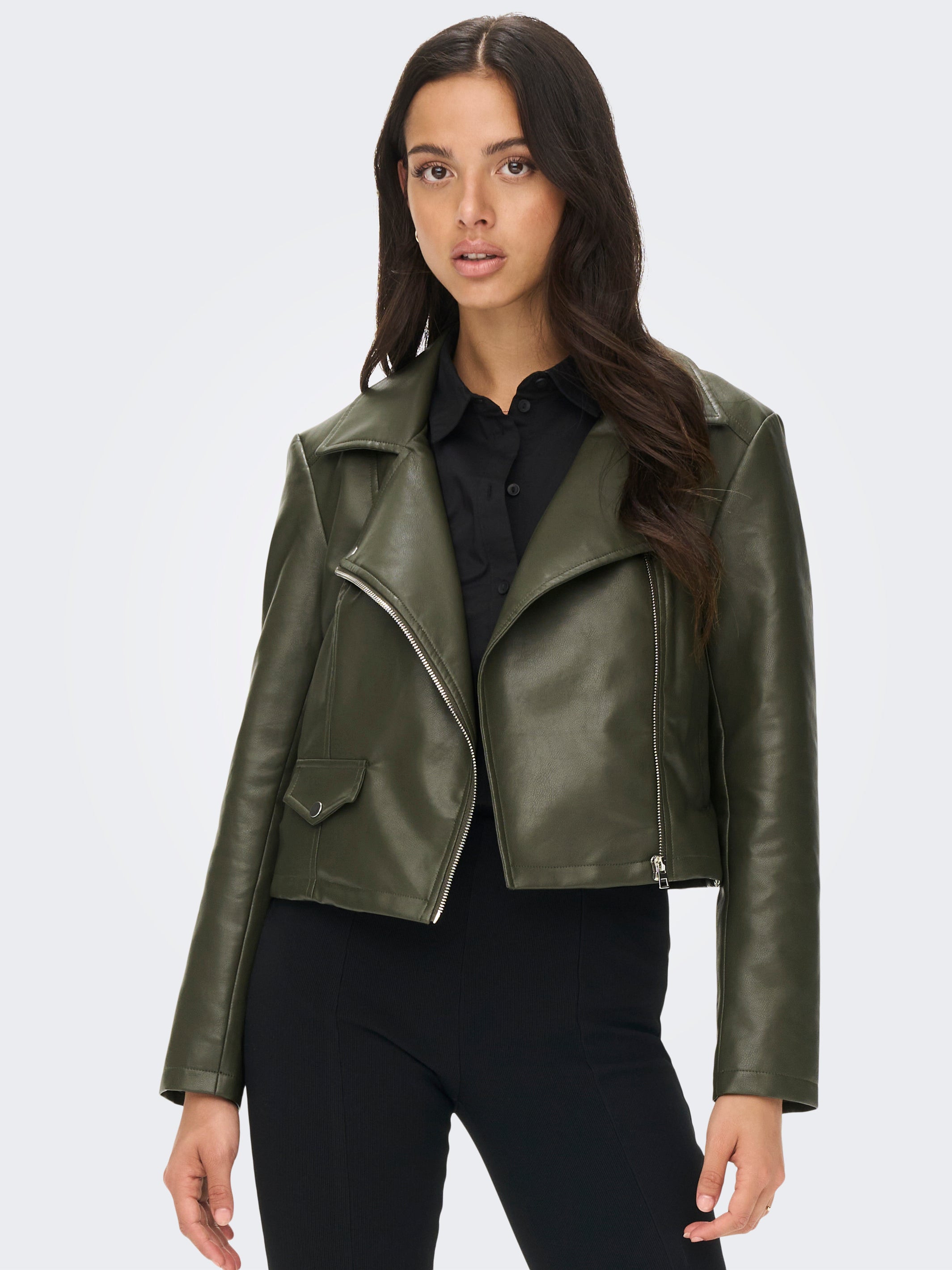 green faux leather jacket womens