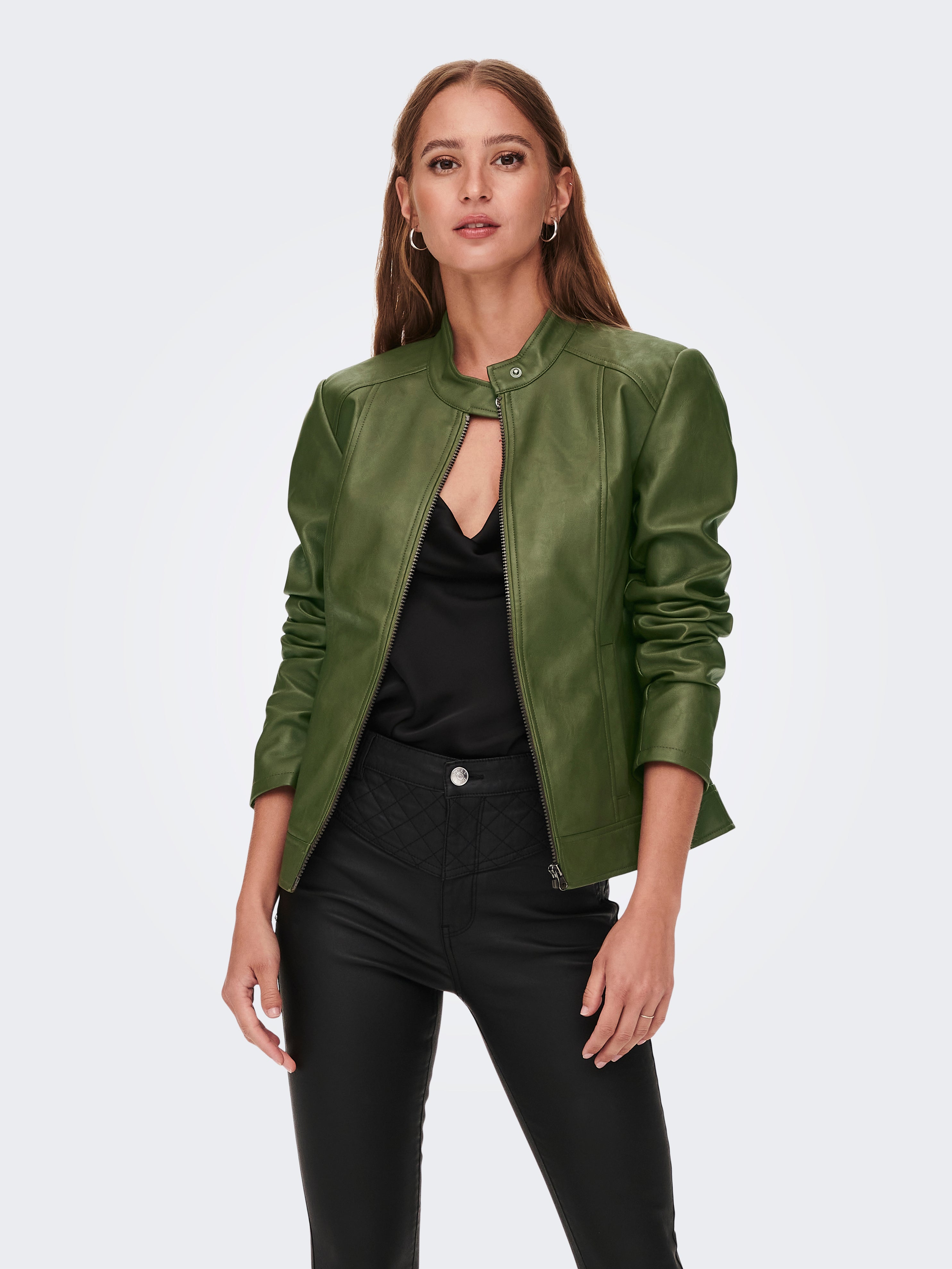 green leather bomber jacket women