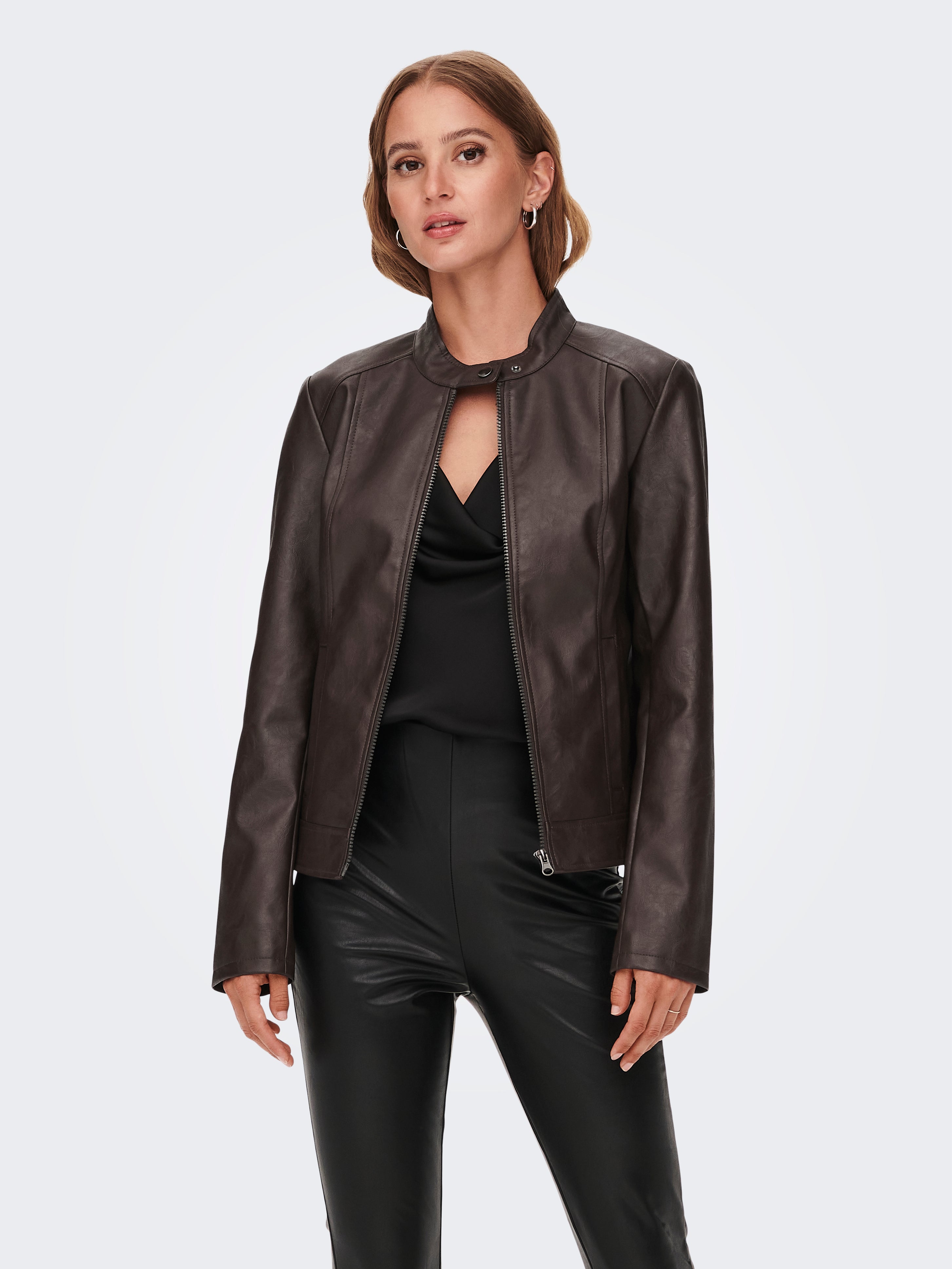 Zipper Faux Leather Jacket | Dark Brown | ONLY®