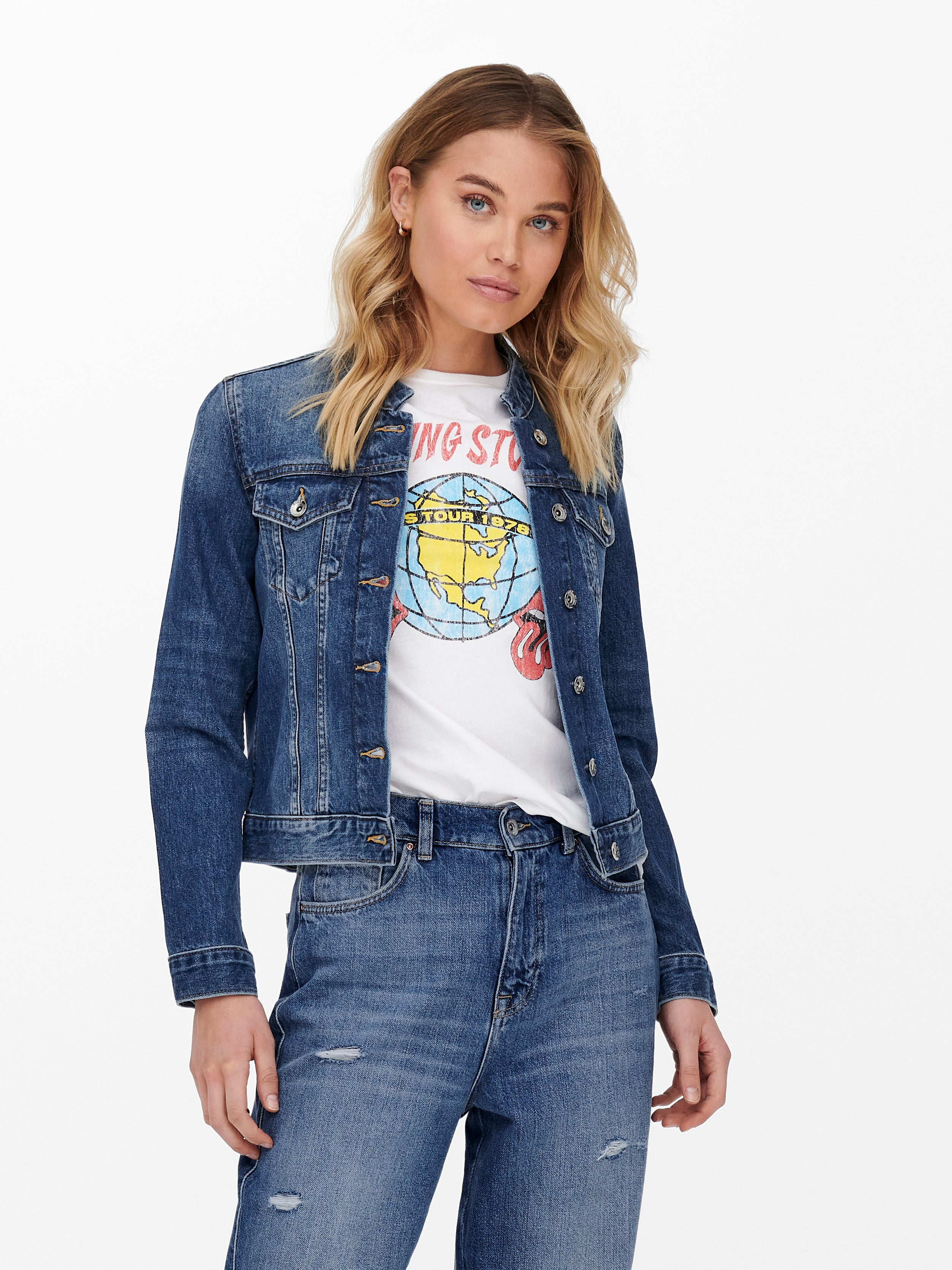 LifeShe Korte spijkerjas met 3/4 mouwen voor dames, lichte cropped jeansjassen, Blauw, M