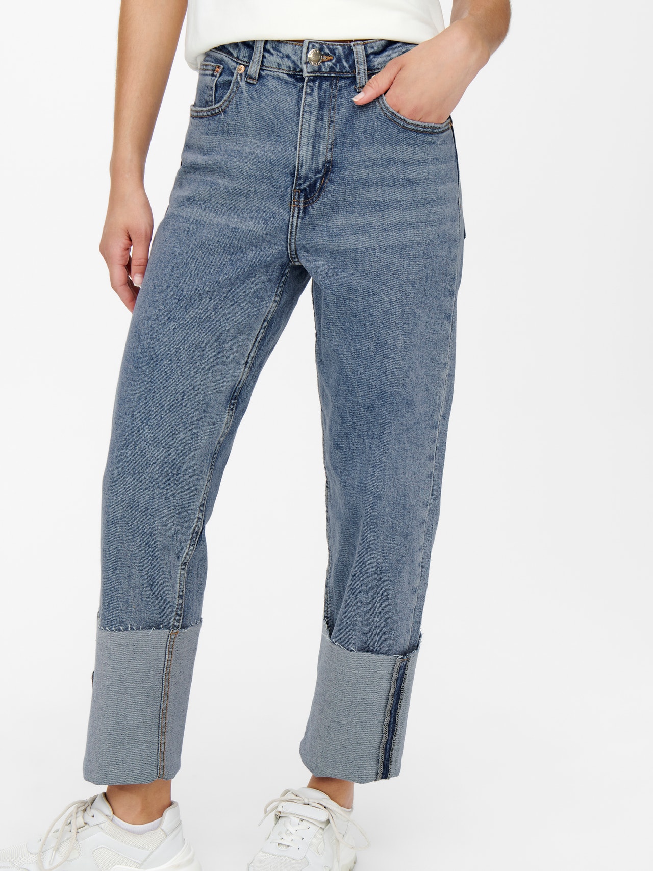 ONLY ONLMegan Life High Waist Fold-up Straight Fit Jeans -Medium Blue Denim - 15246149