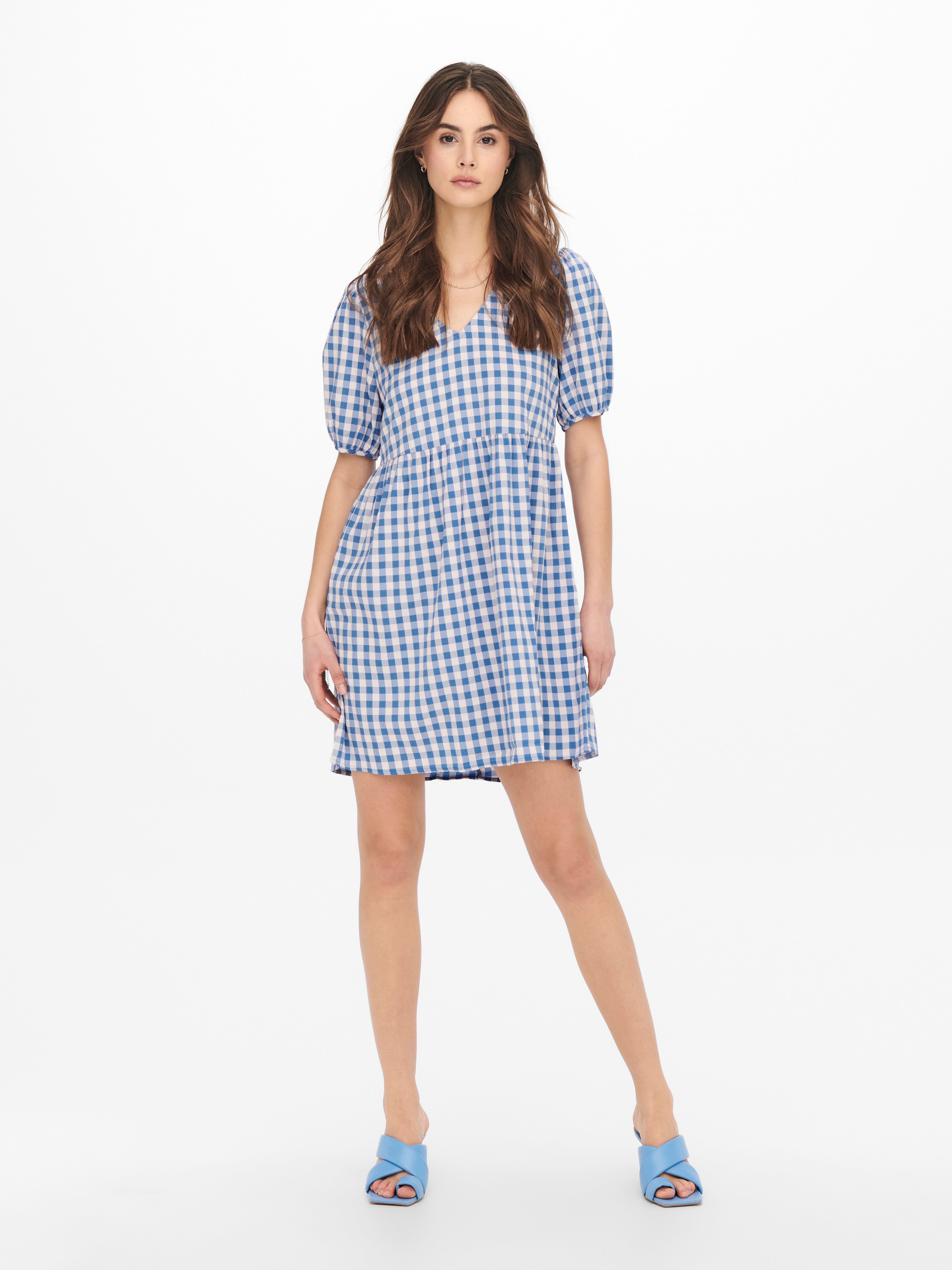 ONLY オンリー Only tie front puff sleeve mini dress in blue spot