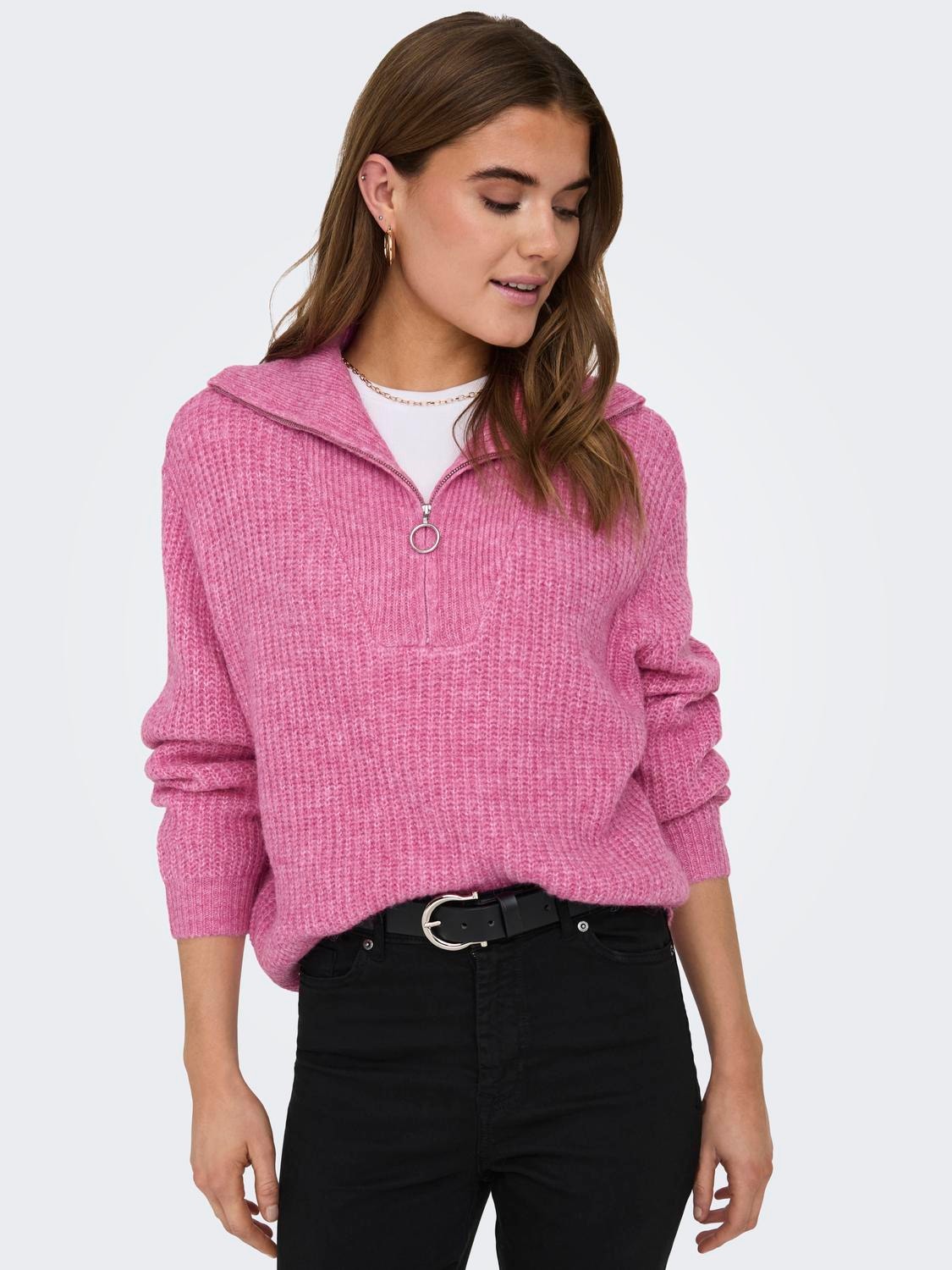 ONLY Normal geschnitten Hoch geschlossen Gerippte Ärmelbündchen Pullover -Shocking Pink - 15247008