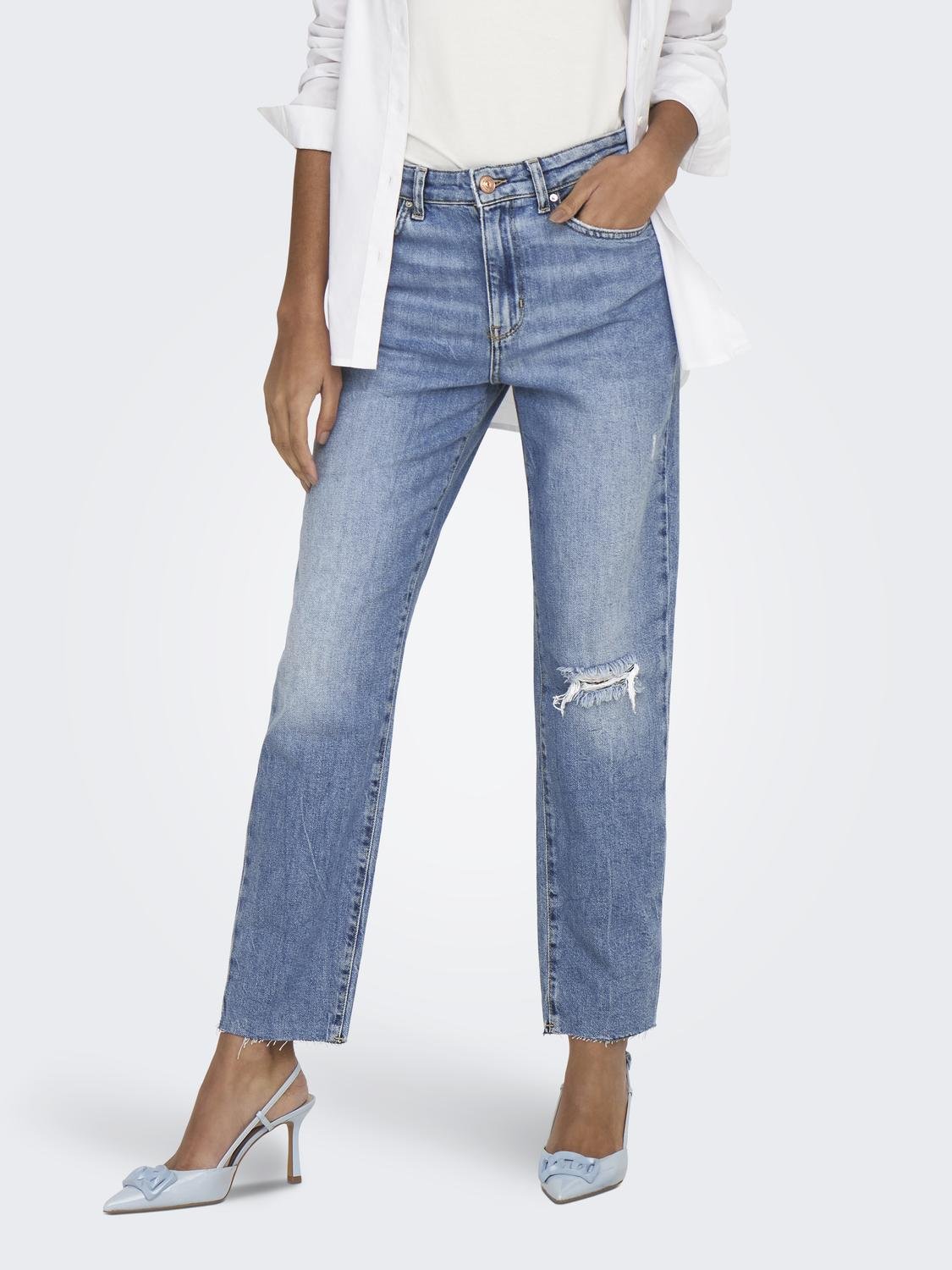 ONLY ONLEmily high-waist destroyed Straight fit jeans -Light Medium Blue Denim - 15248661