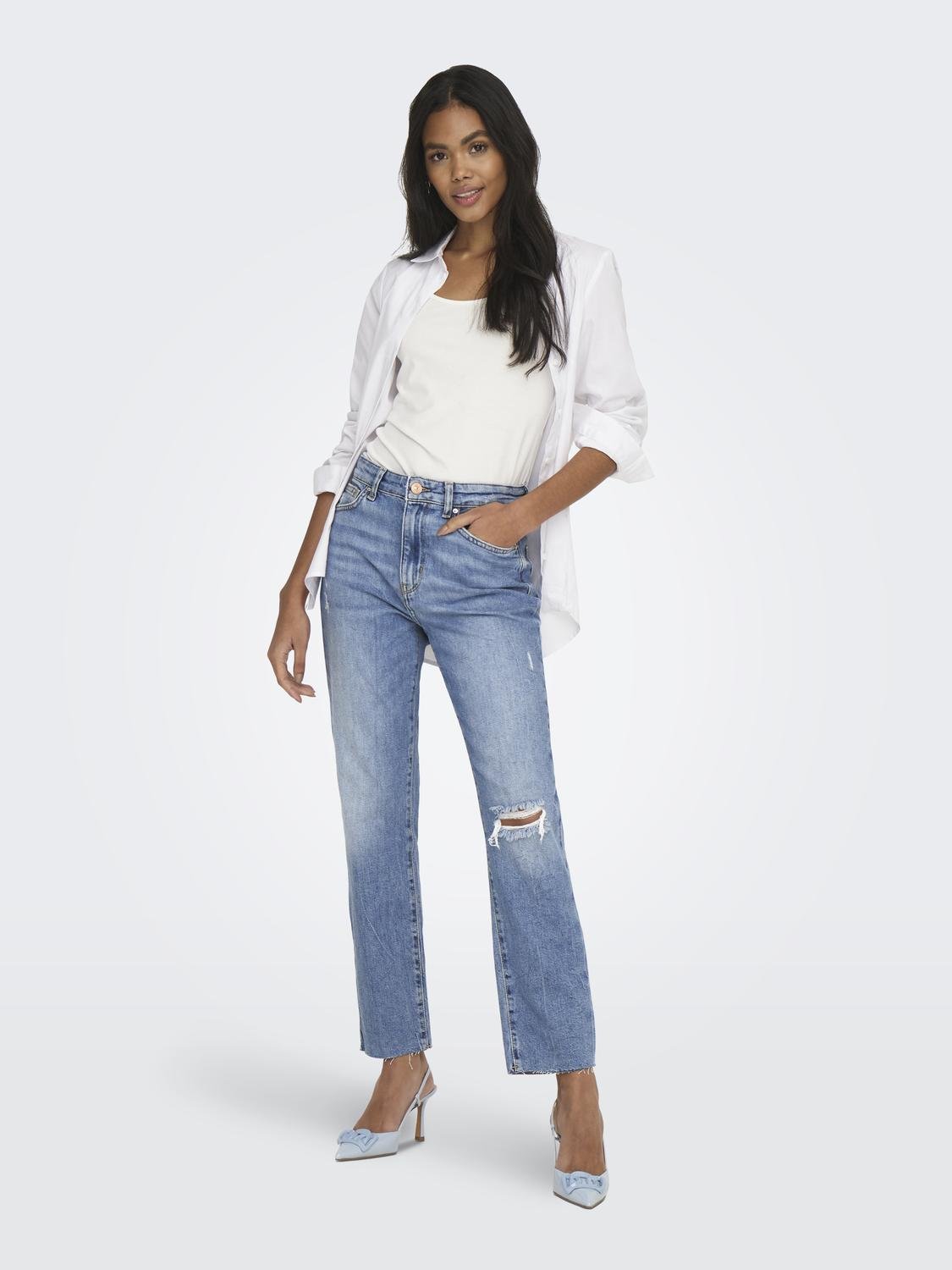 ONLY Straight Fit High waist Cut-off hems Jeans -Light Medium Blue Denim - 15248661