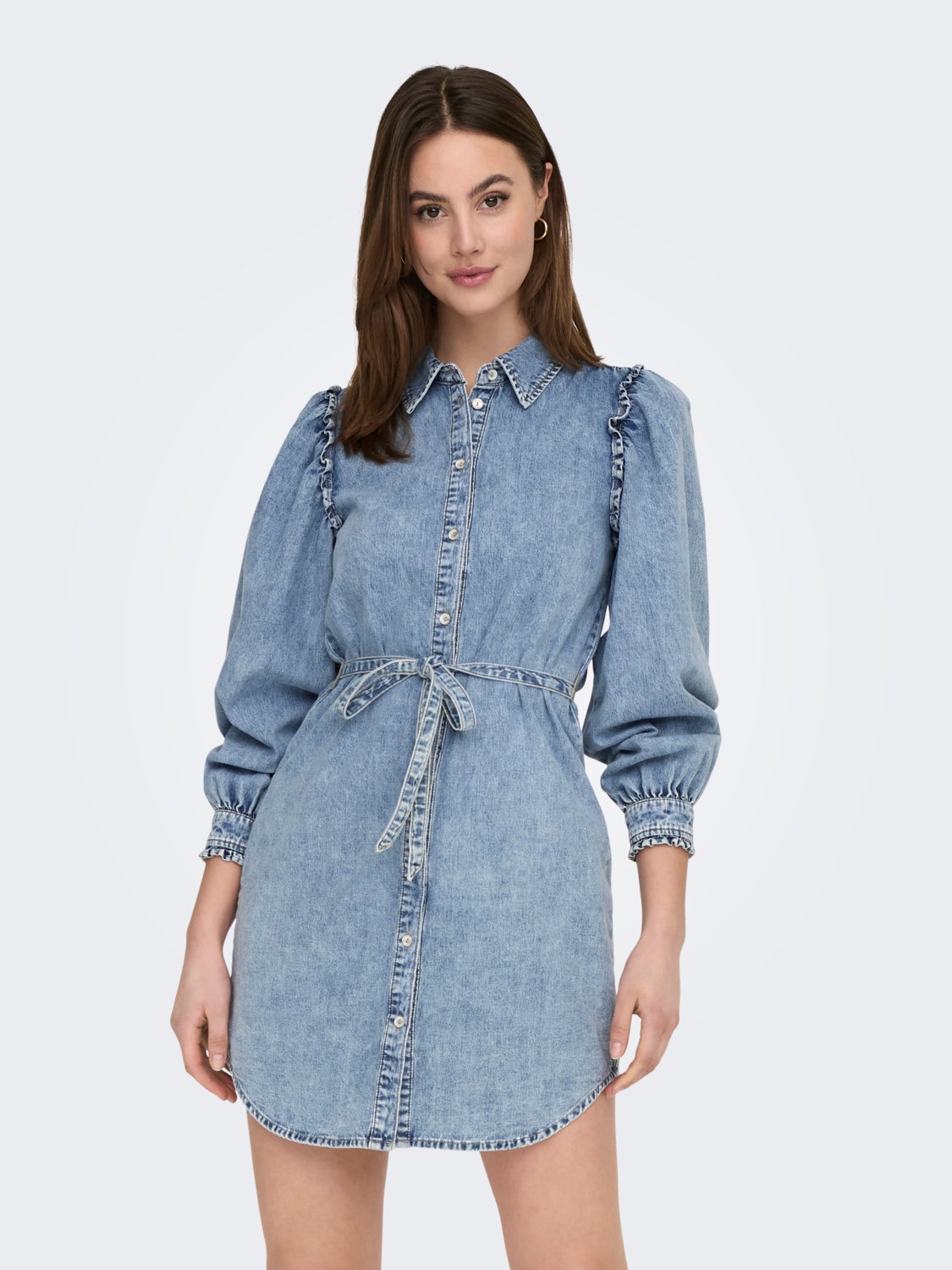 light blue denim long sleeve dress