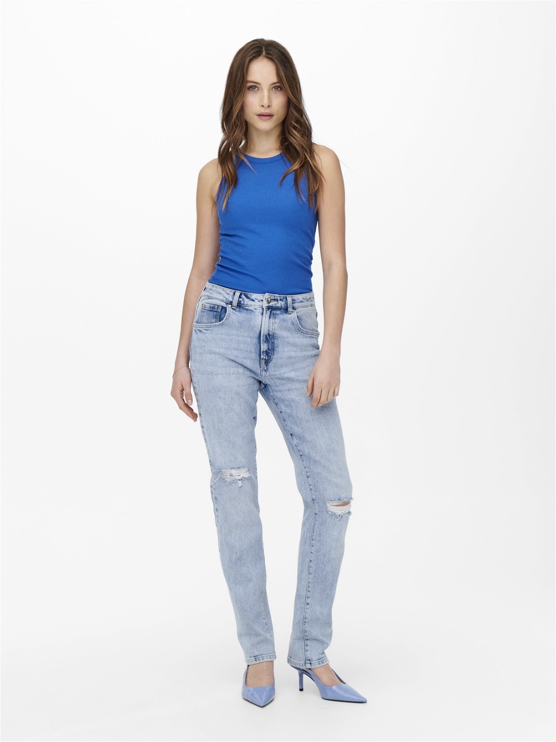 ONLY Slim Fit Hohe Taille Offener Saum Jeans -Light Blue Denim - 15250065