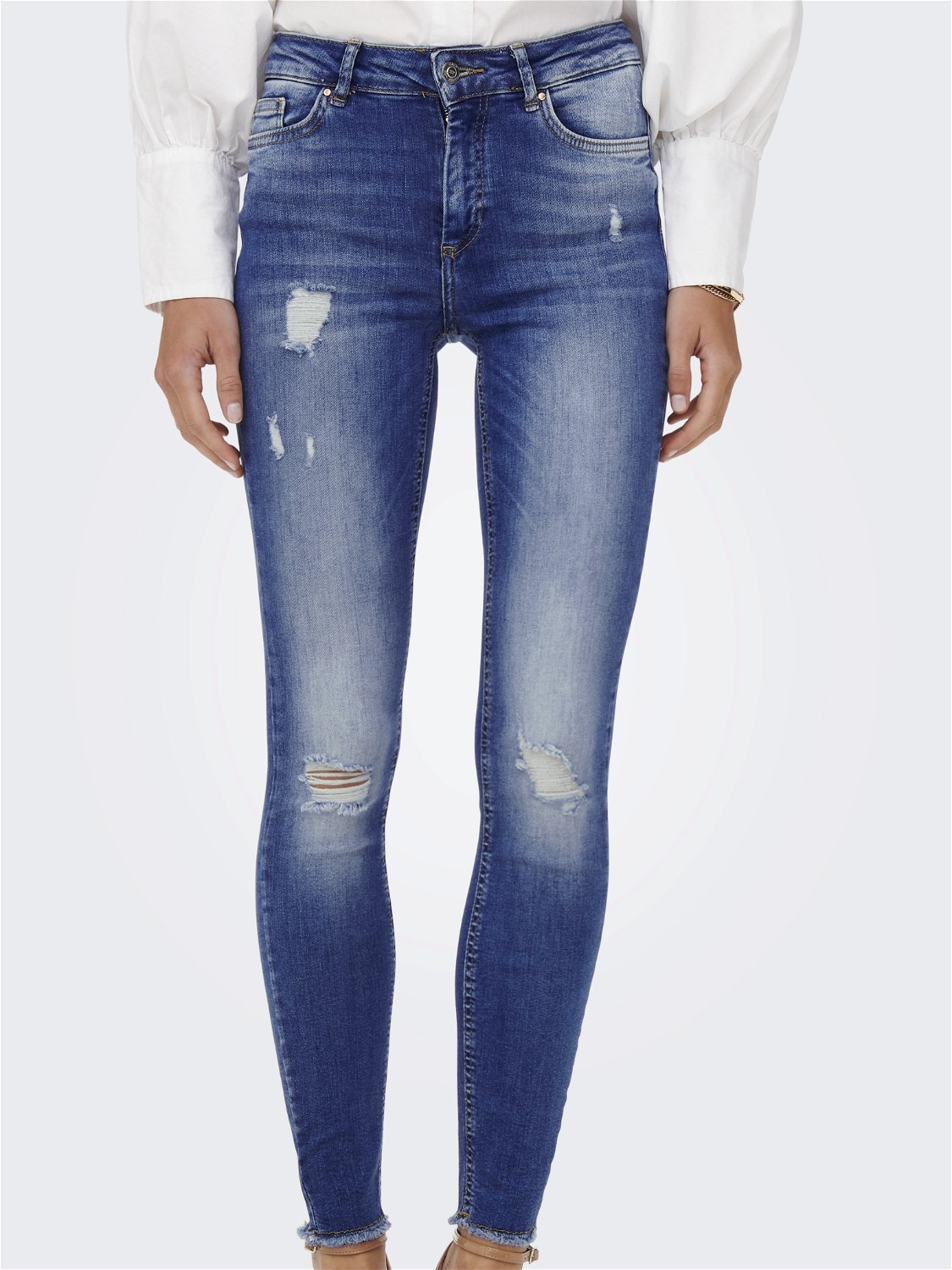 ONLY Jeans Skinny Fit Taille moyenne Ourlé destroy -Medium Blue Denim - 15250169
