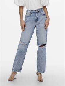 ONLY Jeans Straight Fit Taille haute Ourlé destroy -Medium Blue Denim - 15250328