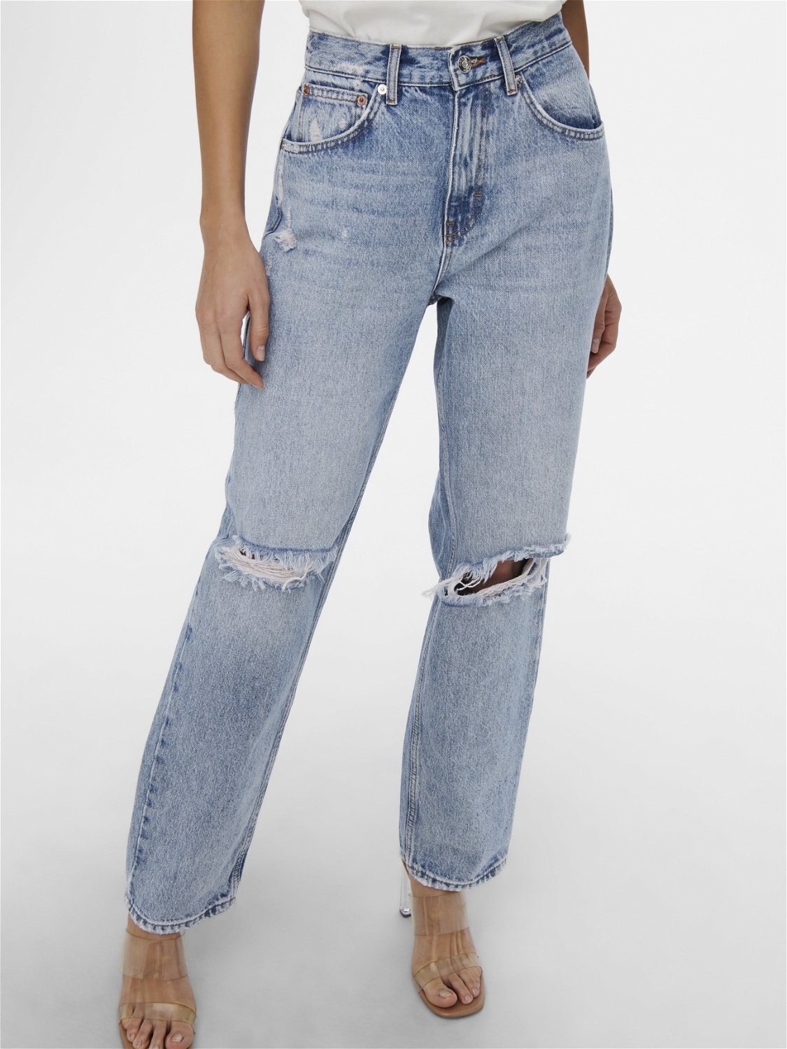 ONLY Jeans Straight Fit Taille haute Ourlé destroy -Medium Blue Denim - 15250328