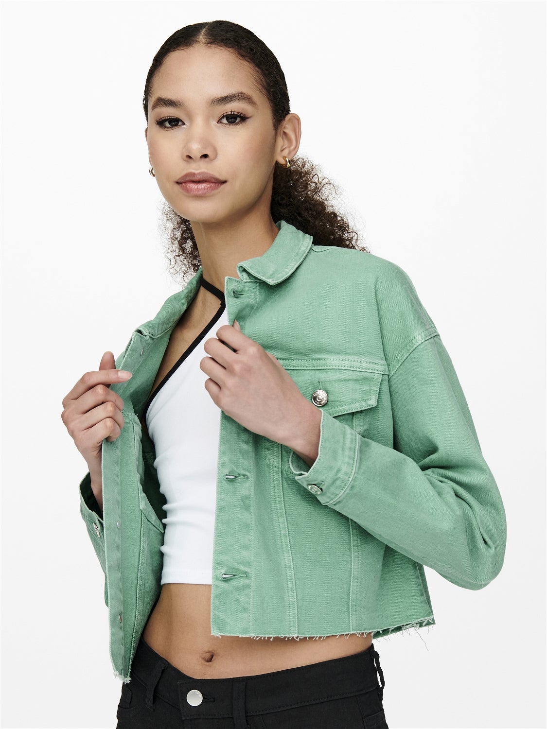 Cropped denim hotsell jacket green