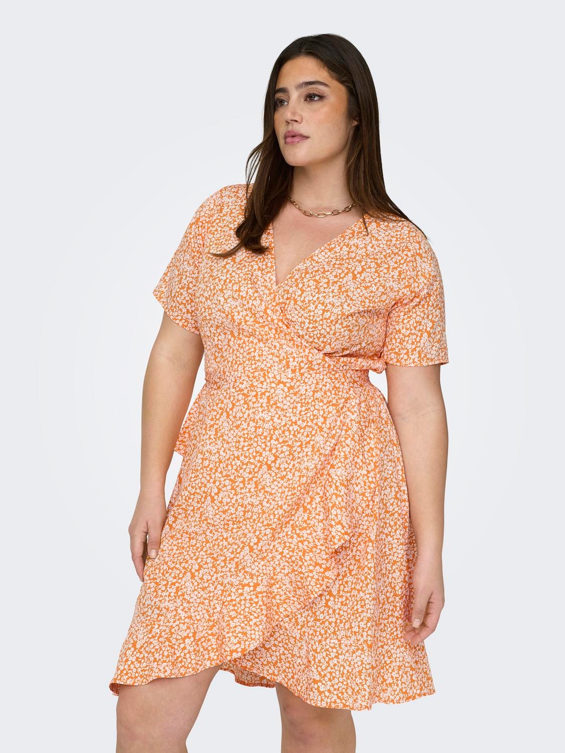 ONLY Normal geschnitten V-Ausschnitt Kurzes Kleid -Flame Orange - 15252210