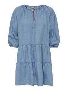 ONLY Regular fit O-hals Manchetten met elastiek Volumineuze mouwen Korte jurk -Light Blue Denim - 15252307
