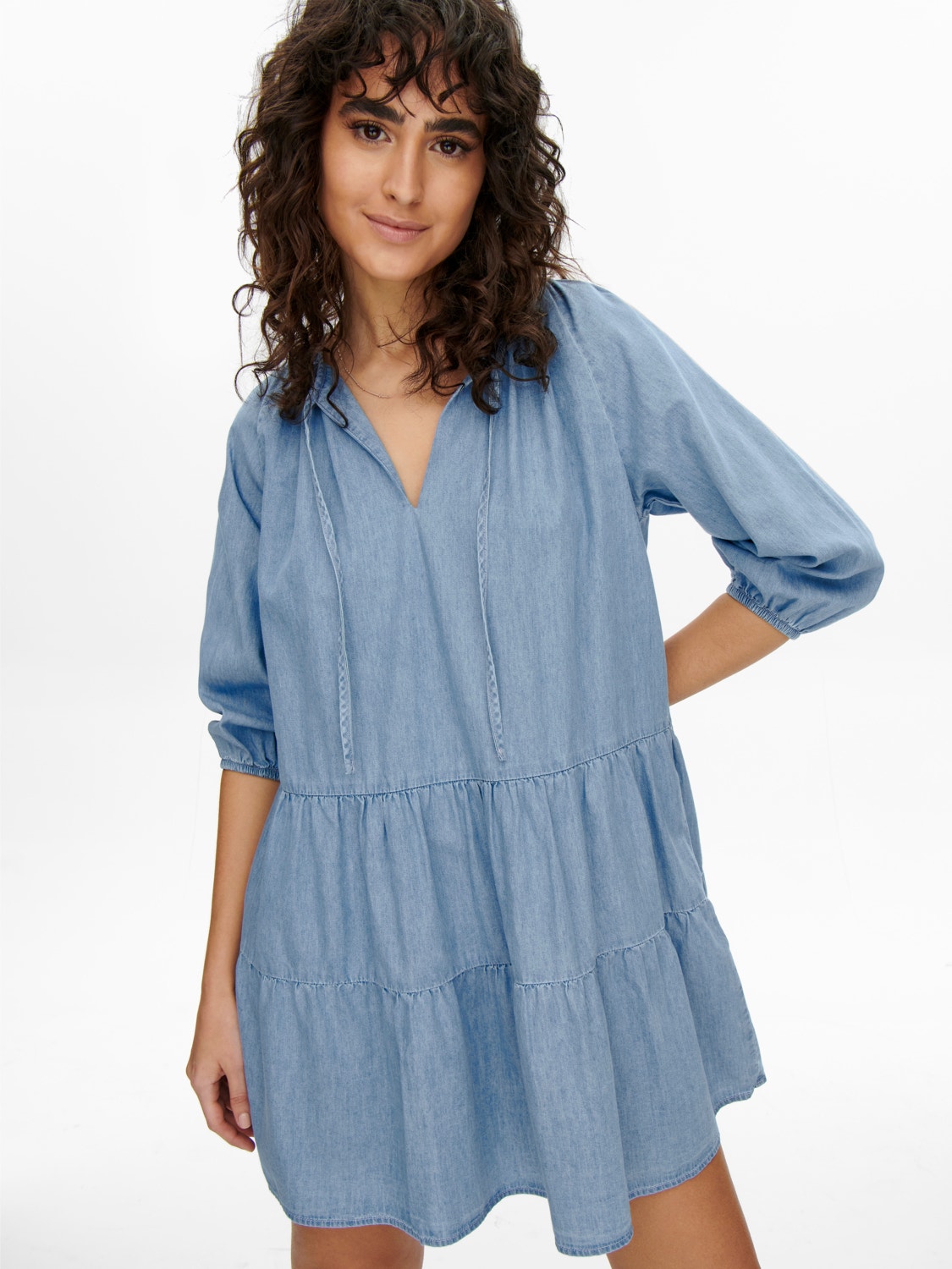 ONLY Regular fit O-hals Manchetten met elastiek Volumineuze mouwen Korte jurk -Light Blue Denim - 15252307