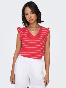 ONLY V-neck Ruffle Top -Flame Scarlet - 15252469