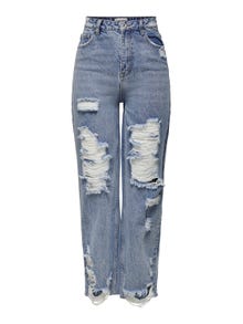 ONLY Straight Fit High waist Destroyed hems Jeans -Medium Blue Denim - 15252688