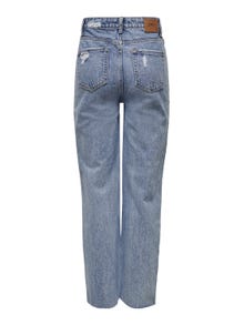 ONLY Jeans Straight Fit Taille haute Ourlé destroy -Medium Blue Denim - 15252688