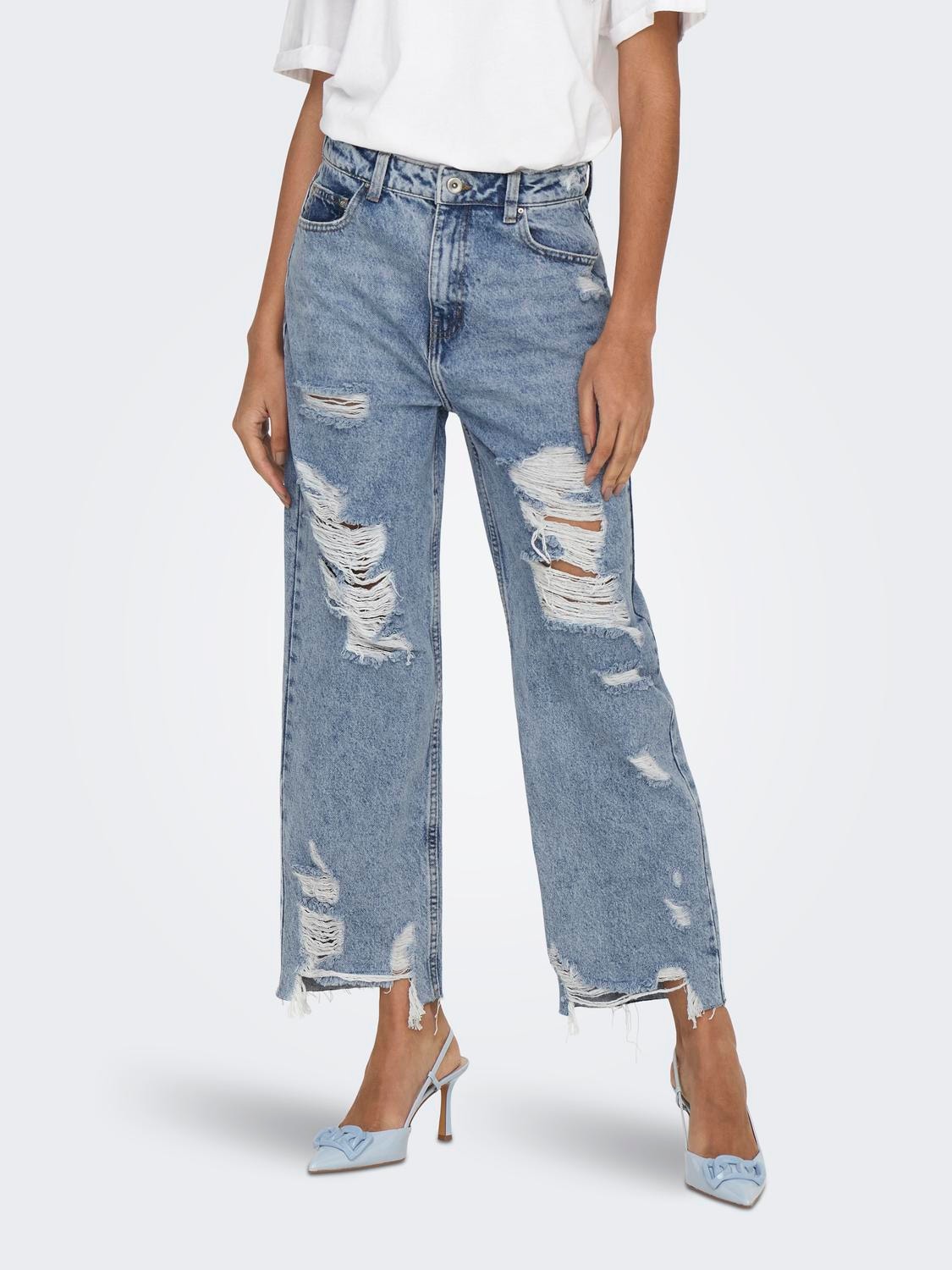 ONLY ONLDad high waist destroy Flared Jeans -Medium Blue Denim - 15252688