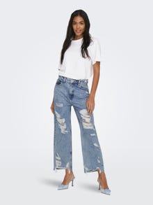 ONLY Jeans Straight Fit Taille haute Ourlé destroy -Medium Blue Denim - 15252688