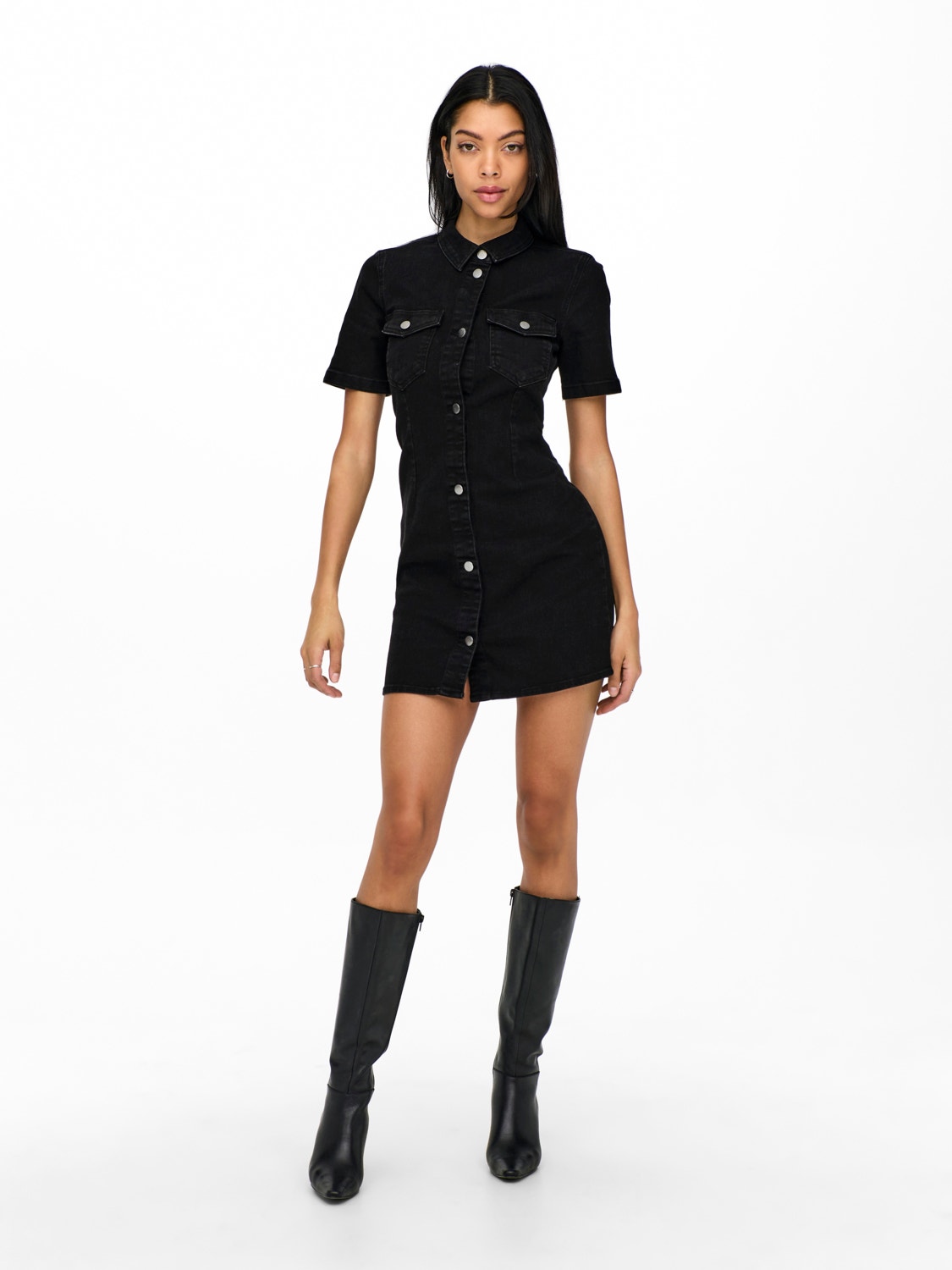 ONLY Tight Fit Shirt collar Short dress -Black Denim - 15253173